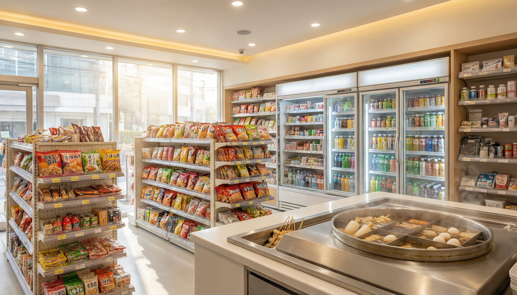 邻家便利店内实景：鲜食柜台与商品货架